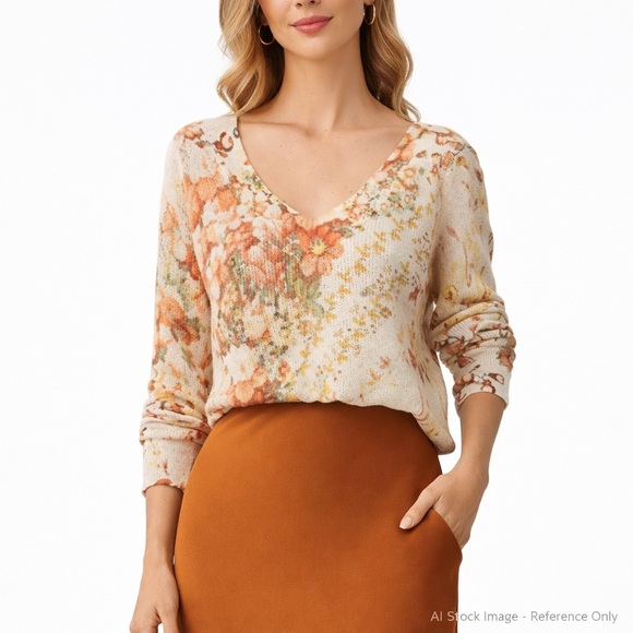 Anthropologie Sweaters - Anthropologie Floral Knit Sweater XS Ivory Linen Blend V Neck